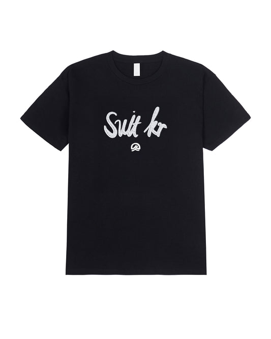Suit Cursive Embroidery Print Tee – Black / White (Unisex)